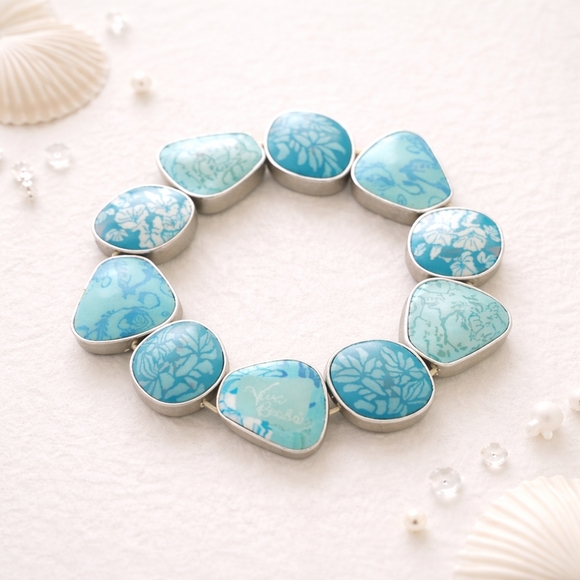 None Jewelry - Viva Beads Turquoise Floral Tile Bracelet | Silver Tone Statement | Boho Coastal